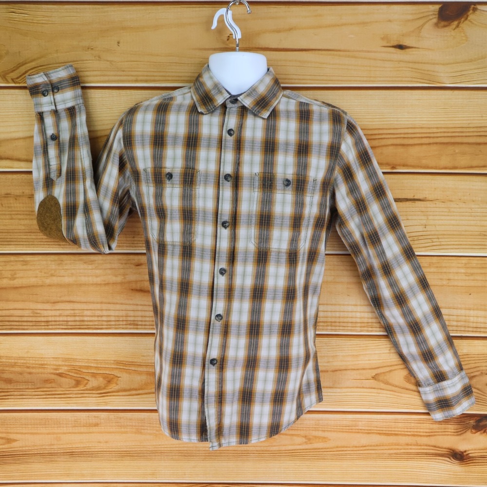 Brown Casual Button Up Shirt Mens M Plaid Elbow Patches J.A.C.H.S. Clothing Co.